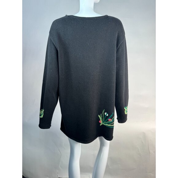 Belle Isle  Poinsettia Holiday Sweater  1X Black   Cotton Blend - Picture 5 of 16